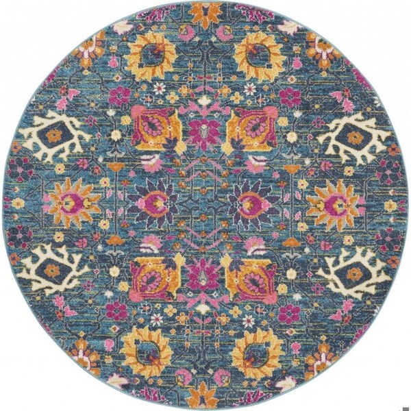 Homeroots 5 ft. Round Denim Blue Florals Distressed Area Rug 385177 - main